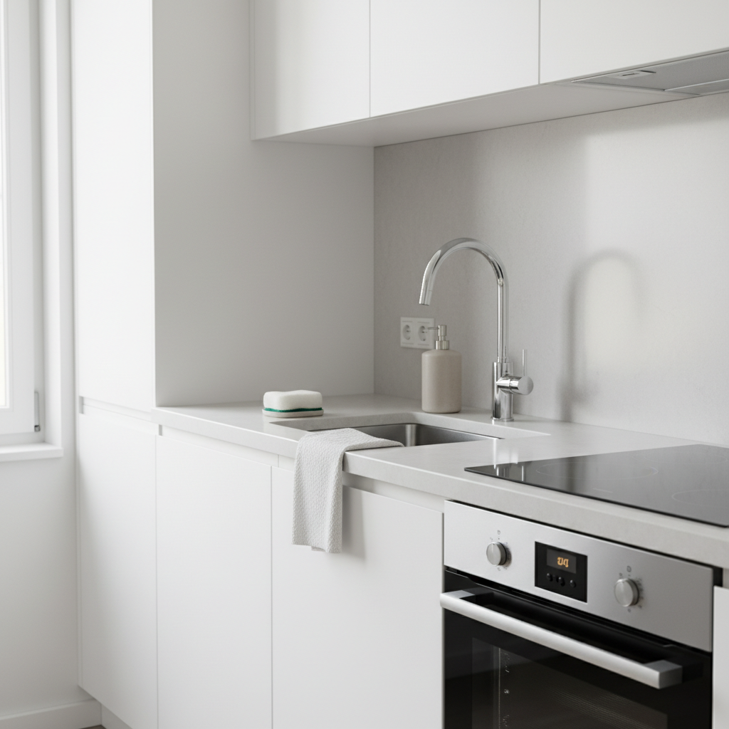 A bright, ultra-clean kitchen interior with white matte cabinets, a polished light-grey stone countertop, and gleaming chrome fixtures free of water spots or fingerprints. The sink area is the central focus, with a neatly arranged sponge, a neutral-toned dish soap bottle without branding, and a freshly dried, folded white towel. The glass induction cooktop and stainless-steel oven front are spotless, reflecting soft morning daylight that streams in from the left, casting gentle, realistic shadows. Shot at counter height in photographic realism, the composition uses asymmetrical balance, keeping the space uncluttered and professional, conveying reliability, hygiene, and the premium quality of a modern cleaning service.