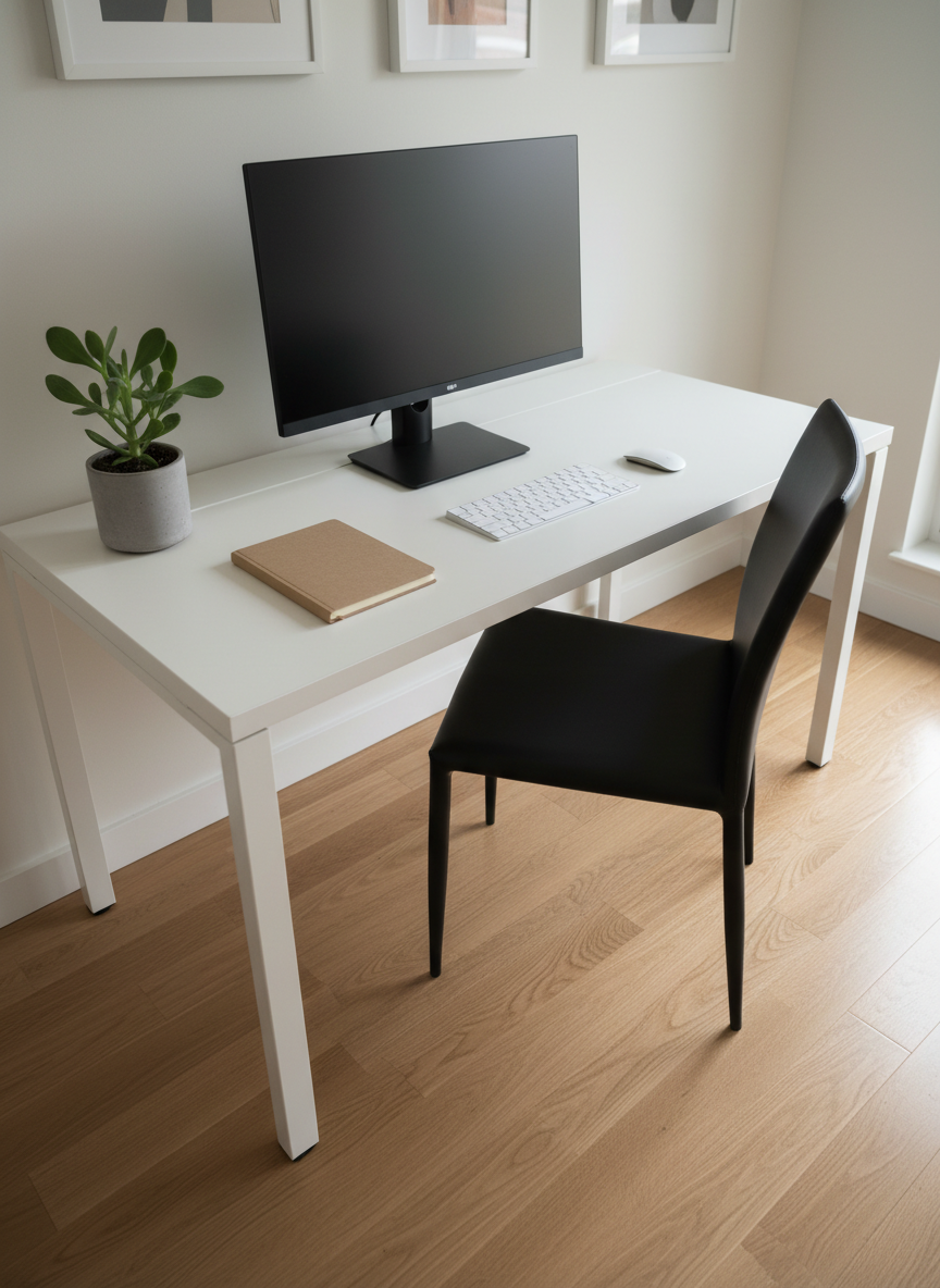 A minimalist home office space immediately after a professional cleaning, featuring a sleek white desk with a slim, unbranded monitor, a wireless keyboard, and a single closed notebook perfectly centered. The matte black office chair sits aligned under the desk, and the light oak floor is free of dust and marks. A small, healthy green plant in a grey concrete pot adds a touch of color on the desk corner. Soft, diffused daylight from a large unseen window to the right creates gentle, realistic shadows and a calm, focused atmosphere. Captured in photographic realism from a slightly elevated diagonal view, with sharp focus and plenty of negative space, the composition underlines order, productivity, and the discreet efficiency of a professional cleaning service.