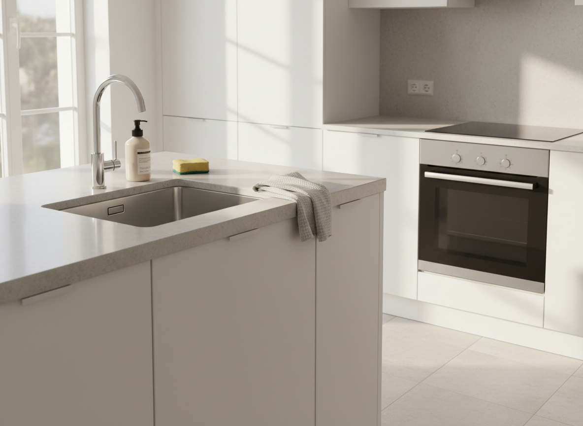 A bright, ultra-clean kitchen interior with white matte cabinets, a polished light-grey stone countertop, and gleaming chrome fixtures free of water spots or fingerprints. The sink area is the central focus, with a neatly arranged sponge, a neutral-toned dish soap bottle without branding, and a freshly dried, folded white towel. The glass induction cooktop and stainless-steel oven front are spotless, reflecting soft morning daylight that streams in from the left, casting gentle, realistic shadows. Shot at counter height in photographic realism, the composition uses asymmetrical balance, keeping the space uncluttered and professional, conveying reliability, hygiene, and the premium quality of a modern cleaning service.