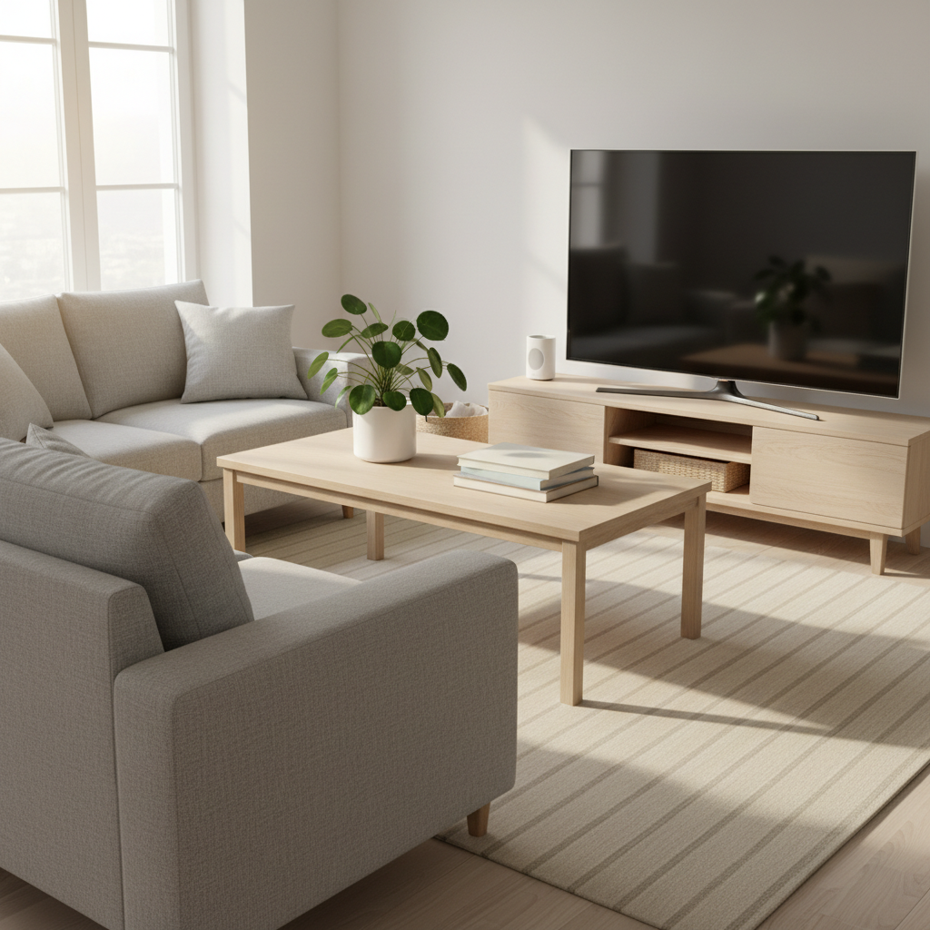 A spotless Scandinavian-style living room just after a professional cleaning, featuring a light grey fabric sofa, a pale oak coffee table, and a perfectly vacuumed light-beige rug with crisp lines. The surfaces of the table and TV console are completely dust-free, with a neatly aligned stack of neutral-colored books and a single green plant in a white ceramic pot. Soft afternoon natural light enters from large unseen windows, creating delicate, realistic shadows and a warm, inviting glow. The photographic image is composed using the rule of thirds from a slightly elevated angle, with sharp focus throughout to emphasize order, freshness, and the feeling of gaining more free time in a perfectly maintained home.