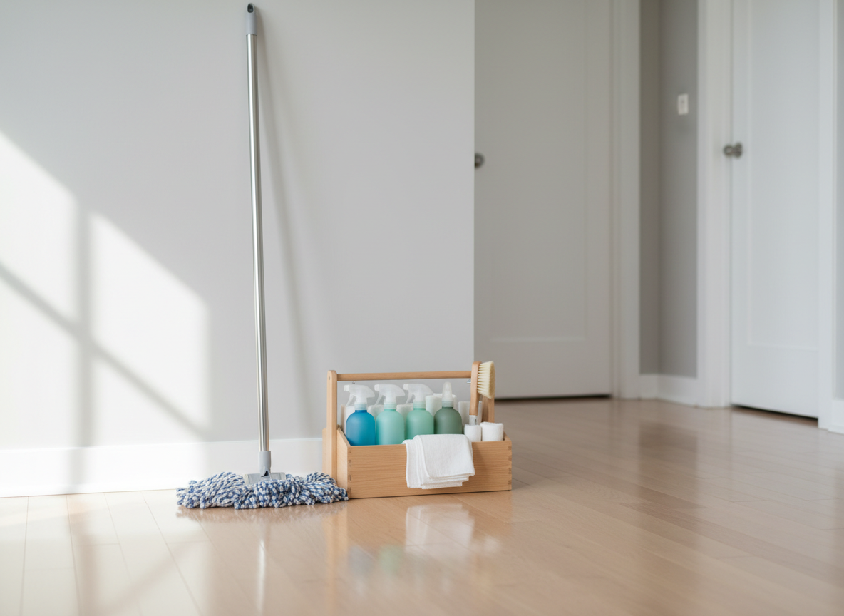 A meticulously arranged set of high-end cleaning tools displayed in a bright, modern apartment hallway. A stainless steel mop with a fresh white microfiber head leans against a matte light-grey wall beside an open caddy of neatly organized, label-free spray bottles in soft blues and greens, folded white cloths, and a small soft-bristle brush. The hardwood floor is flawlessly clean, reflecting soft daylight from an unseen window, with subtle, realistic highlights. Photographic realism with a clean, modern aesthetic, shot at eye level with a shallow depth of field so the background doors and baseboards are gently blurred, creating a professional, trustworthy, and calm atmosphere suitable for a premium cleaning service brand.