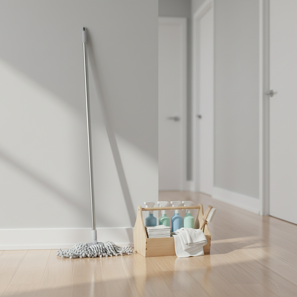 A meticulously arranged set of high-end cleaning tools displayed in a bright, modern apartment hallway. A stainless steel mop with a fresh white microfiber head leans against a matte light-grey wall beside an open caddy of neatly organized, label-free spray bottles in soft blues and greens, folded white cloths, and a small soft-bristle brush. The hardwood floor is flawlessly clean, reflecting soft daylight from an unseen window, with subtle, realistic highlights. Photographic realism with a clean, modern aesthetic, shot at eye level with a shallow depth of field so the background doors and baseboards are gently blurred, creating a professional, trustworthy, and calm atmosphere suitable for a premium cleaning service brand.