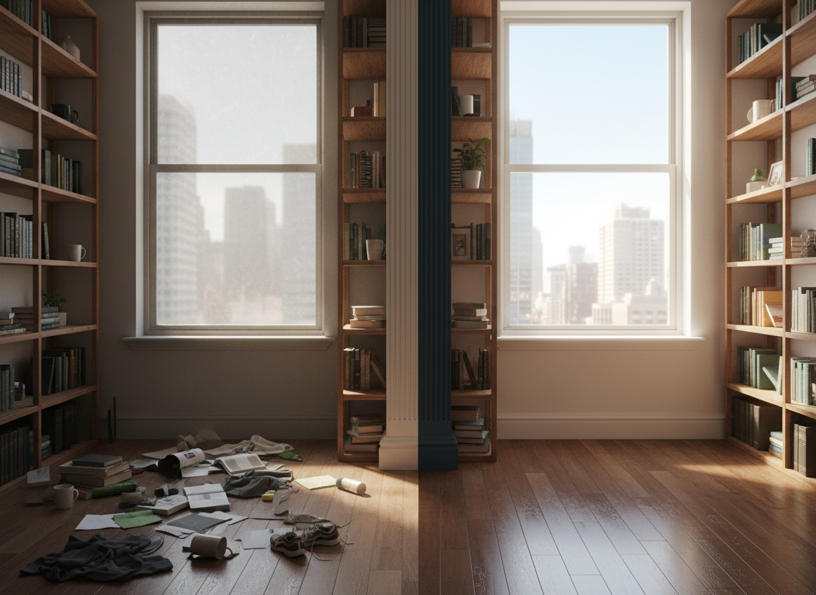 A before-and-after style image concept in one seamless, photographic composition of a small city apartment room, divided subtly by lighting and cleanliness. On the left, slightly dull light reveals dusty shelves, scattered items on a wooden floor, and streaks on a window. On the right, soft, bright daylight highlights perfectly aligned books, clutter-free shelves, a flawlessly mopped floor, and a crystal-clear window. The dividing line is gentle, perhaps suggested by a structural column or change in wall color, avoiding harsh graphics. Shot at eye level with consistent perspective and realistic detail throughout, the mood is transformative and motivating, emphasizing the value of professional cleaning for busy people who want to enjoy their free time.