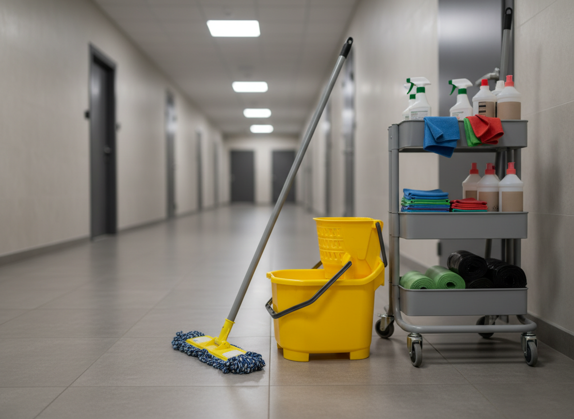 An organized cleaning station set up in the entryway of a contemporary apartment building, featuring a sturdy, closed yellow mop bucket with clean water, a high-quality microfiber flat mop, and a compact grey cart neatly loaded with color-coded cloths, unspecific spray bottles, and folded garbage bags. The surrounding floor tiles are medium grey and freshly cleaned, with subtle reflections and no streaks. Overhead neutral-white lighting from recessed ceiling fixtures creates even illumination and soft, realistic shadows, reinforcing a professional, efficient atmosphere. Captured in photographic realism from a slightly low angle, with sharp focus on the tools and a lightly blurred corridor stretching back, the scene communicates commercial-level thoroughness and reliability without any visible people.