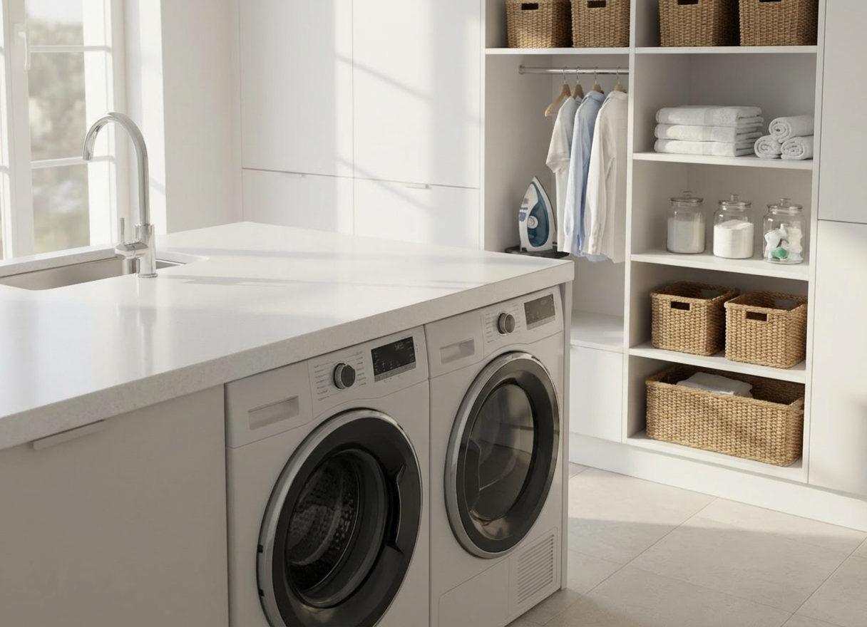 A bright, ultra-clean kitchen interior with white matte cabinets, a polished light-grey stone countertop, and gleaming chrome fixtures free of water spots or fingerprints. The sink area is the central focus, with a neatly arranged sponge, a neutral-toned dish soap bottle without branding, and a freshly dried, folded white towel. The glass induction cooktop and stainless-steel oven front are spotless, reflecting soft morning daylight that streams in from the left, casting gentle, realistic shadows. Shot at counter height in photographic realism, the composition uses asymmetrical balance, keeping the space uncluttered and professional, conveying reliability, hygiene, and the premium quality of a modern cleaning service.